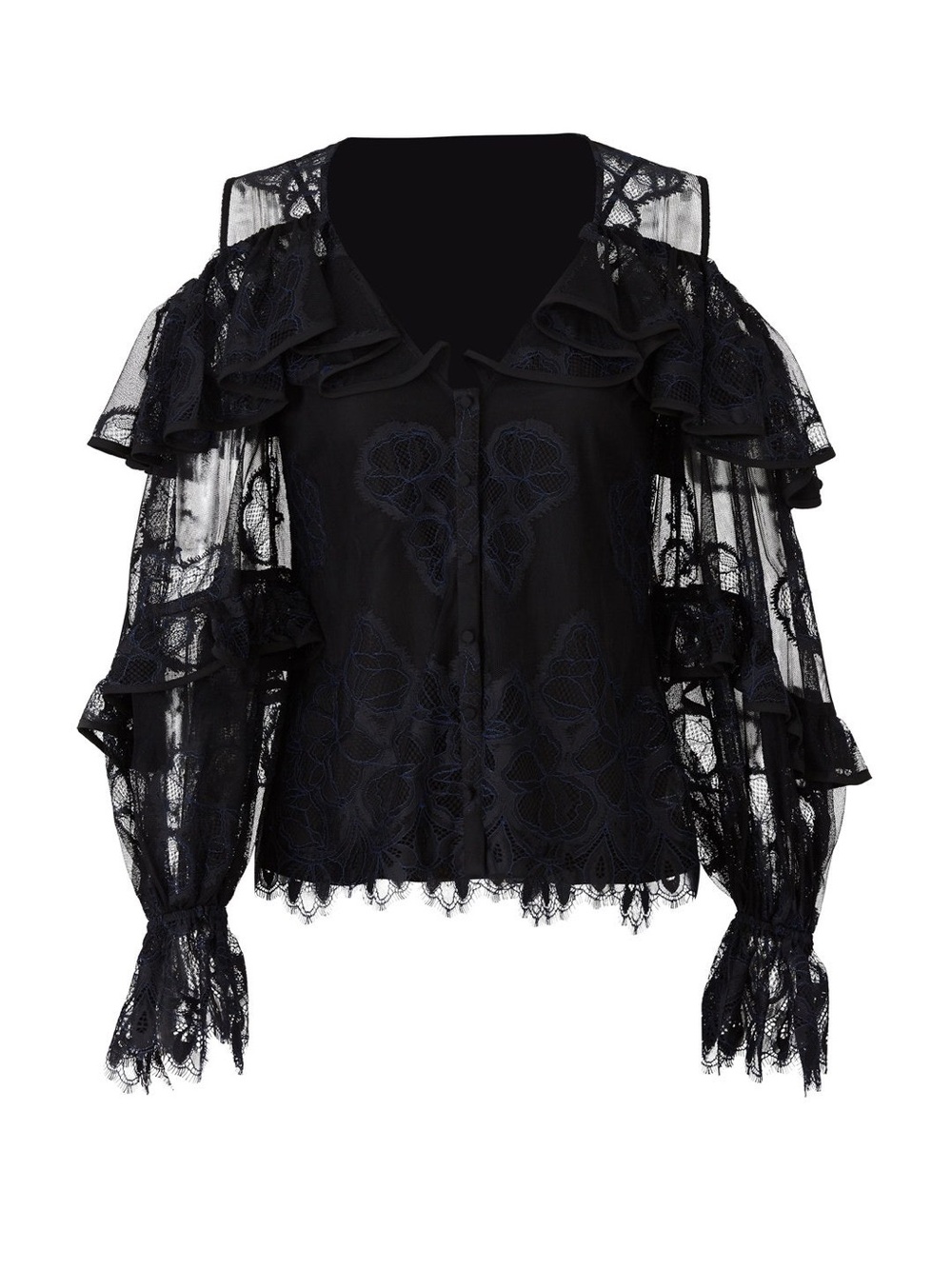 Alexis Black Lace Ruffle Button-Front Blouse